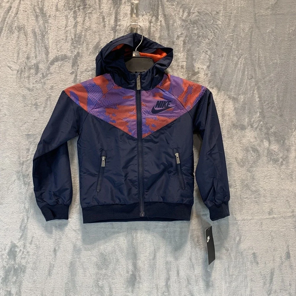 Nike Youth Boys Jacket‎ Windbreaker Hoodie Blue Pattern XS 4Y Full Zip Hooded